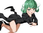  1girl black_dress black_shoes blush curly_hair dress female flying green_eyes green_hair hand_on_own_chin hawawani looking_at_viewer onepunch_man parted_lips shoes short_hair simple_background smile solo tatsumaki white_background 