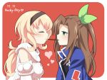  blonde_hair blush bow brown_hair compa food green_eyes hair_bow hair_ornament hairband if_(choujigen_game_neptune) imo_soba long_hair mouth_hold multiple_girls neptune_(series) pocky pocky_day pocky_kiss ribbon shared_food sweater 