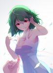  1girl alternate_costume backlighting breasts chiroru_(cheese-roll) cleavage collarbone dutch_angle gradient gradient_background green_hair highres kazami_yuuka looking_at_viewer mouth_hold off_shoulder red_eyes short_hair sleeveless solo_focus string touhou 