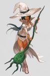  1girl black_hair boots breasts cleavage dark_skin green_eyes grey_background hair_over_one_eye hat highres lack long_hair original simple_background solo staff witch_hat 