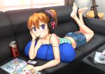  1girl bare_shoulders barefoot cellphone collarbone controller couch eating feet gamyuu_(gamyu) guitar headphones instrument lying magazine mouth_hold on_stomach orange_hair original phone pillow pocky ponytail remote_control short_hair shorts smartphone soles solo the_pose toes violet_eyes 