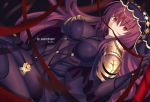  1girl blurry bodysuit breasts depth_of_field fate/grand_order fate_(series) highres long_hair looking_at_viewer mouth_hold paperfinger purple_hair red_eyes ribbon scathach_(fate/grand_order) solo veil 