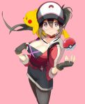  1girl baseball_cap belt black_legwear breasts brown_hair choker cleavage female_protagonist_(pokemon_go) fingerless_gloves gloves hair_between_eyes hat hot large_breasts long_hair long_sleeves looking_at_viewer pantyhose pikachu pink_background poke_ball pokemon pokemon_(creature) pokemon_go ponytail shorts simple_background sweat sweating yuuki_(irodo_rhythm) 