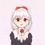  1girl anna_(sennen_sensou_aigis) bow flower hair_bow looking_at_viewer open_mouth red_bow red_eyes sennen_sensou_aigis solo ten_(tentojidon) white_hair younger 