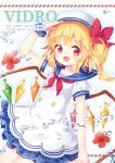  1girl 2016 alternate_costume alternate_headwear arm_up artist_name blonde_hair blush bubble crystal dress dutch_angle english fangs flandre_scarlet flower hair_ribbon hat looking_at_viewer mimi_(mimi_puru) open_mouth pointy_ears puffy_sleeves ribbon sailor_collar sailor_hat salute short_hair short_sleeves side_ponytail smile solo text touhou wings 