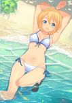  1girl armpits arms_up bangle beach bikini blonde_hair blue_eyes blush bracelet braid breasts breasts_apart clenched_hands darjeeling fish from_above front-tie_top girls_und_panzer groin hair_between_eyes highres jewelry kame^^ looking_at_viewer lying navel on_back open_mouth partially_submerged side-tie_bikini smile solo swimsuit thigh_gap thighs water white_bikini 