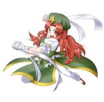  1girl arm_wraps beret braid breasts chinese_clothes clenched_hands d:&lt; eyebrows eyebrows_visible_through_hair fighting_stance hat hong_meiling kirisame_arashi long_hair lunging medium_breasts pants red_eyes redhead solo touhou twin_braids very_long_hair 