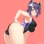  1girl ass blush breasts eyepatch fang headgear imo_soba kantai_collection large_breasts one-piece_swimsuit open_mouth purple_hair short_hair solo swimsuit tenryuu_(kantai_collection) yellow_eyes 