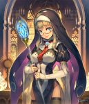  1girl aqua_eyes black_legwear blonde_hair candle cape female glasses groin holding hood jewelry long_hair looking_at_viewer lvans original red-framed_eyewear ring sidelocks signature solo staff thigh-highs 