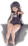  1girl adjusting_hair asanagi bangs barefoot black_hair blunt_bangs blush commentary_request eyepatch granblue_fantasy grey_eyes highres long_hair looking_at_viewer lunaru_(granblue_fantasy) name_tag one-piece_swimsuit pointy_ears school_swimsuit sitting smile solo swimsuit 