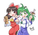  +_+ 2girls :d ahoge ascot bell brown_hair cheek_pinching detached_sleeves fang frog_hair_ornament green_eyes green_hair hair_ornament hakurei_reimu highres holding jingle_bell kochiya_sanae long_hair long_skirt looking_at_viewer multiple_girls open_mouth pinching red_eyes simple_background skirt smile snake_hair_ornament standing standing_on_one_leg symbol-shaped_pupils tears touhou translated unachika wand white_background 