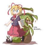  1girl amura_(artist) blonde_hair blue_eyes blush character_request copyright_request english extra_eyes highres insect long_skirt medicine_melancholy monster no_nose sharp_teeth short_hair skirt teeth touhou venomancer(character) yellow_eyes 