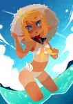  1girl bikini blonde_hair blue_eyes blush clouds hat kagamine_rin looking_at_viewer navel projecttiger sparkle swimsuit vocaloid water wet 