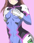  1girl bodysuit brown_hair covering covering_breasts d.va_(overwatch) facial_mark gloves head_out_of_frame highres long_hair overwatch pilot_suit shikniful solo whisker_markings 