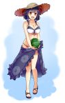  1girl bikini black_hair breasts cleavage food fruit hair_flaps hat highres kantai_collection long_hair low_twintails open_mouth open_toe_shoes red_eyes sarong shoes standing straw_hat sun_hat swimsuit taigei_(kantai_collection) tomo_(tomojo_8) twintails watermelon 