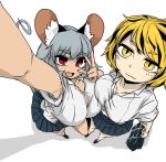  2girls animal_ears artist_request black_hair blonde_hair breasts grey_hair highres large_breasts mouse_ears mouse_tail multicolored_hair multiple_girls nazrin red_eyes self_shot short_hair skirt tail toramaru_shou touhou two-tone_hair white_background yellow_eyes 