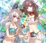  2girls b&ntilde;ush bell bikini breasts brown_hair character_request chokoan_(tyokoa4649) copyright_request food horns ice_cream long_hair looking_at_viewer multiple_girls navel open_mouth orange_eyes red_eyes smile spoon swimsuit water white_hair 