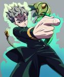  1boy aura blue_eyes echoes_(stand) foreshortening gakuran grey_hair hirose_kouichi jojo_no_kimyou_na_bouken koitsu_(blue) male_focus pointing school_uniform smile solo stand_(jojo) 