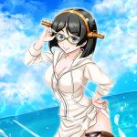  1girl adjusting_glasses alternate_costume black_hair blue_sky boots breasts clouds glasses green-framed_eyewear hairband headgear jacket kantai_collection kirishima_(kantai_collection) large_breasts long_sleeves looking_at_viewer outdoors remodel_(kantai_collection) semi-rimless_glasses short_hair sky smile solo sparkle thigh-highs thigh_boots tk8d32 under-rim_glasses water zipper 