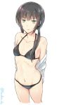  1girl arms_behind_back bangs bare_shoulders bikini black_bikini black_hair collarbone cowboy_shot eyebrows eyebrows_visible_through_hair green_eyes groin hair_tie hishiro_chizuru kanden_suki long_hair looking_at_viewer navel relife sidelocks simple_background solo swimsuit twintails twitter_username white_background 