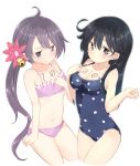  2girls absurdres ahoge akebono_(kantai_collection) bare_shoulders bikini black_eyes black_hair breasts cleavage cowboy_shot flat_chest flower hair_flower hair_ornament highres kantai_collection kengorou_saemon_ii_sei long_hair multiple_girls navel one-piece_swimsuit open_mouth polka_dot polka_dot_swimsuit ponytail purple_bikini purple_hair side_ponytail simple_background smile swimsuit ushio_(kantai_collection) violet_eyes white_background 