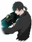  black_hair black_jacket brown_eyes ginoza_nobuchika gun holding_weapon ponytail psycho-pass short_ponytail suit teita 