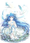  1girl blue_eyes blue_flower blue_hair cheonha87 dress fish flower kneeling long_hair original pale_skin solo underwater very_long_hair white_dress 