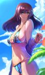  1girl :d bikini blue_eyes breasts chikushi_nitouhei clouds flower large_breasts long_hair navel open_mouth sky smile solo swimsuit 