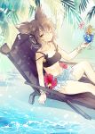  1girl brown_eyes brown_hair chair drink drinking_straw flower looking_at_viewer lounge_chair makuwauri one_eye_closed palm_leaf palm_tree sitting solo swimsuit touhou toyosatomimi_no_miko tree water 