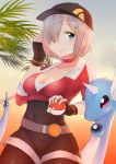  1girl absurdres akky_(akimi1127) baseball_cap belt black_gloves black_legwear blue_eyes breasts choker cleavage closed_mouth collarbone cosplay cover cover_page cowboy_shot cropped_jacket crossover dragonair female_protagonist_(pokemon_go) female_protagonist_(pokemon_go)_(cosplay) fingerless_gloves gloves gradient gradient_background hair_ornament hair_over_one_eye hairclip hamakaze_(kantai_collection) hat highres holding holding_poke_ball kantai_collection leggings light_particles looking_at_viewer medium_breasts one_eye_covered palm_tree pantyhose poke_ball pokemon pokemon_go short_hair silver_hair skin_tight sleeves_past_elbows tree 