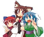  3girls animal_ears blue_eyes blue_hair blush brown_hair drill_hair fang hand_on_another&#039;s_shoulder head_fins imaizumi_kagerou japanese_clothes kimono melglms multiple_girls open_mouth red_eyes redhead sekibanki touhou twin_drills v wakasagihime wolf_ears 