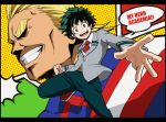  2boys all_might blonde_hair boku_no_hero_academia clenched_hand copyright_name foreshortening green_eyes green_hair grin koitsu_(blue) letterboxed male_focus midoriya_izuku multiple_boys necktie open_mouth school_uniform shaded_face smile 