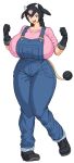  1girl black_hair blue_eyes braid breasts covered_nipples denim fist_pump gigantic_breasts gloves highres horns miltank open_mouth overalls personification pink_shirt pokemon shirt solo space_jin tail teeth tongue twin_braids wide_hips 