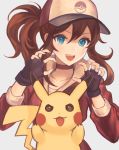  &gt;:d 1girl :d baseball_cap black_gloves blue_eyes brown_hair collarbone female_protagonist_(pokemon_go) fingerless_gloves gloves hair_between_eyes hat jacket long_hair looking_at_viewer okakan open_mouth pikachu poke_ball pokemon pokemon_(creature) pokemon_go ponytail red_jacket simple_background smile track_jacket upper_body 