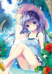  1girl alternate_hairstyle blue_eyes blue_hair blue_swimsuit blurry blush collarbone depth_of_field flower gochuumon_wa_usagi_desu_ka? hand_on_headwear hat head_tilt highres kafuu_chino long_hair looking_at_viewer one-piece_swimsuit outdoors plant polka_dot polka_dot_swimsuit sandals sitting sky solo sun_hat swimsuit takachina twintails water 