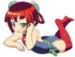  1girl adjusting_hair batsu_(takuan_to_batsu_no_nichijou_enmachou) chinese_clothes double_bun green_eyes halterneck looking_at_viewer lying om_(nk2007) on_stomach open_mouth pointy_ears red_legwear redhead ringed_eyes short_hair simple_background solo takuan_to_batsu_no_nichijou_enmachou thigh-highs white_background 