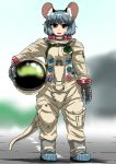  1girl :d absurdres animal_ears buchineko_april eyebrows full_body grey_hair highres holding_helmet looking_at_viewer mouse_ears mouse_tail nazrin open_mouth red_eyes short_hair smile solo spacesuit tail thick_eyebrows touhou 
