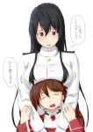  2girls bangs black_hair blush breast_rest breasts breasts_on_head brown_eyes brown_hair closed_eyes commentary_request epaulettes female_admiral_(kantai_collection) gloves hands_on_another&#039;s_chest hands_on_another&#039;s_wrists highres japanese_clothes kantai_collection kariginu large_breasts long_hair magatama military military_uniform multiple_girls niwatazumi open_mouth ryuujou_(kantai_collection) sidelocks sketch tatebayashi_sakurako translated twintails uniform 