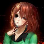  absurdres androgynous blood bloody_hands brown_eyes brown_hair chara_(undertale) collared_shirt glitch gradient gradient_background highres jewelry kiramitan lips liquid necklace shirt signature solo spoilers sweater undertale 