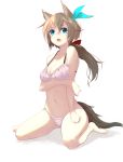  1girl animal_ears bad_feet blue_eyes blue_ribbon blush bra breast_hold breasts brown_hair cleavage collarbone fox_ears fox_girl fox_tail full_body hair_ribbon highres homo_1121 kneeling looking_at_viewer low_ponytail medium_breasts navel open_mouth original panties pink_bra pink_panties red_ribbon ribbon solo tail underwear underwear_only 