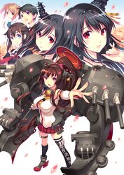  6+girls :d asymmetrical_clothes black_hair blonde_hair blue_eyes braid brown_hair collar flower fusou_(kantai_collection) highres kantai_collection long_hair looking_at_viewer michishio_(kantai_collection) miniskirt mogami_(kantai_collection) multiple_girls nishimura_eri open_mouth outstretched_arm petals pleated_skirt ponytail red_eyes remodel_(kantai_collection) shigure_(kantai_collection) short_hair single_thighhigh skirt smile thigh-highs thigh_strap turret umbrella violet_eyes yamashiro_(kantai_collection) yamato_(kantai_collection) 