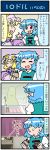  2girls 4koma artist_self-insert basket blonde_hair blue_eyes blue_hair closed_eyes comic commentary counter directional_arrow faceless gradient gradient_background hat heterochromia highres japanese_clothes juliet_sleeves long_sleeves mizuki_hitoshi multicolored_hair multiple_girls open_mouth puffy_sleeves red_eyes short_hair smile sweat sweating_profusely tatara_kogasa touhou translated vest wide_sleeves yakumo_ran 
