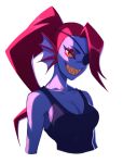 1girl bare_shoulders blue_skin breasts cleavage collarbone eyeliner eyepatch eyeshadow grin hair_over_one_eye head_fins highres liyart looking_at_viewer makeup monster_girl ponytail red_eyes redhead sharp_teeth sideboob simple_background slit_pupils smile solo tank_top teeth undertale undyne upper_body white_background yellow_sclera