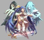  1boy 2girls :d asymmetrical_wings blue_hair breasts center_opening detached_sleeves dizzy grey_background guilty_gear hair_ribbon long_hair multiple_girls navel necro_(guilty_gear) open_mouth panties red_eyes ribbon simple_background skull smile tail tail_ribbon thigh-highs under_boob underwear undine_(guilty_gear) very_long_hair white_legwear white_panties wide_sleeves wings yellow_ribbon zaki_(narashigeo) 