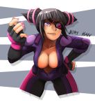  1girl bent_over black_hair bodysuit breasts center_opening character_name cleavage cropped_legs eyepatch fingerless_gloves gloves han_juri hand_on_hip lips medium_breasts no_bra reaching_out short_twintails solo street_fighter street_fighter_v twintails upper_body violet_eyes whistle_frog 