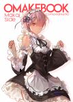  1girl apron blue_ribbon cover cover_page detached_sleeves doujin_cover dress frilled_sleeves frills hair_ornament hair_over_one_eye hairband looking_at_viewer maid maid_headdress makai_no_juumin pink_hair ram_(re:zero) re:zero_kara_hajimeru_isekai_seikatsu red_eyes ribbon short_hair smile solo waist_apron x_hair_ornament 