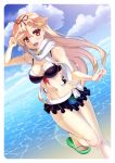  1girl absurdres adapted_costume alternate_costume beach bikini bikini_skirt blonde_hair blue_sky braid breasts clouds fang gokurakutensi hair_flaps hair_ornament hairclip highres kantai_collection large_breasts long_hair messy_hair ocean open_mouth red_eyes sand sandals scarf sky solo swimsuit v yuudachi_(kantai_collection) 