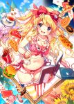  1girl :d ace_of_spades alice_(wonderland) alice_in_wonderland bangs blonde_hair book bow bow_bra bow_panties bra bracelet braid breasts candy card castle checkerboard_cookie cherry_blossoms cleavage commentary_request cookie cover cover_page cup doughnut doujin_cover flower food french_fries frilled_bra frills garters hair_bow hair_flower hair_ornament hamburger hot_dog ice_cream jelly_bean jewelry long_hair looking_at_viewer midriff mismatched_legwear miwabe_sakura navel open_book open_mouth panties pizza playing_card pocket_watch saucer side-tie_panties smile solo spoon strawberry_tart striped striped_legwear sunflower tart_(food) teacup two_side_up underwear vertical-striped_legwear vertical_stripes vial violet_eyes watch 