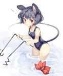  ! 1girl animal_ears bei_mochi dowsing_rod floating floating_object grey_hair highres holding jewelry mouse_ears mouse_tail nazrin one-piece_swimsuit pendant red_eyes school_swimsuit simple_background solo swimsuit tail touhou wading water white_background 