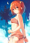 1girl :&lt; ahoge ass bikini blush bracelet breasts brown_eyes clouds fate/grand_order fate_(series) female_ass female_protagonist_(fate/grand_order) from_behind hair_between_eyes jewelry looking_at_viewer looking_back orange_hair palm_tree scrunchie short_hair side-tie_bikini side_ponytail sideboob sky solo striped striped_bikini swimsuit toosaka_asagi tree two-tone_bikini two-tone_swimsuit